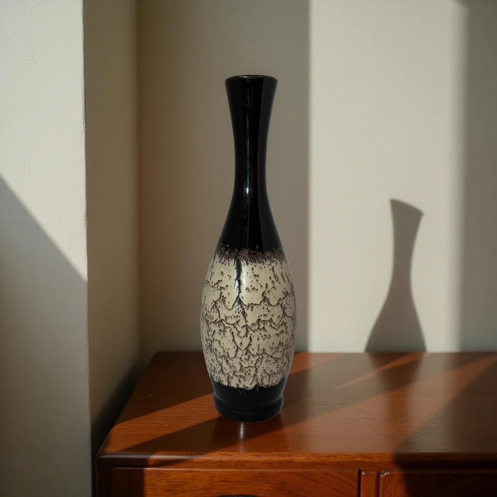 Vintage Haeger Lava Glaze Vase Black Brown Beige Textured‎ Art Deco Mid-Century